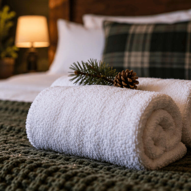 Fresh white towels prepared on premium bedding at The Cozy Moose room rental Fresh white towels prepared on premium bedding at The Cozy Moose room rental