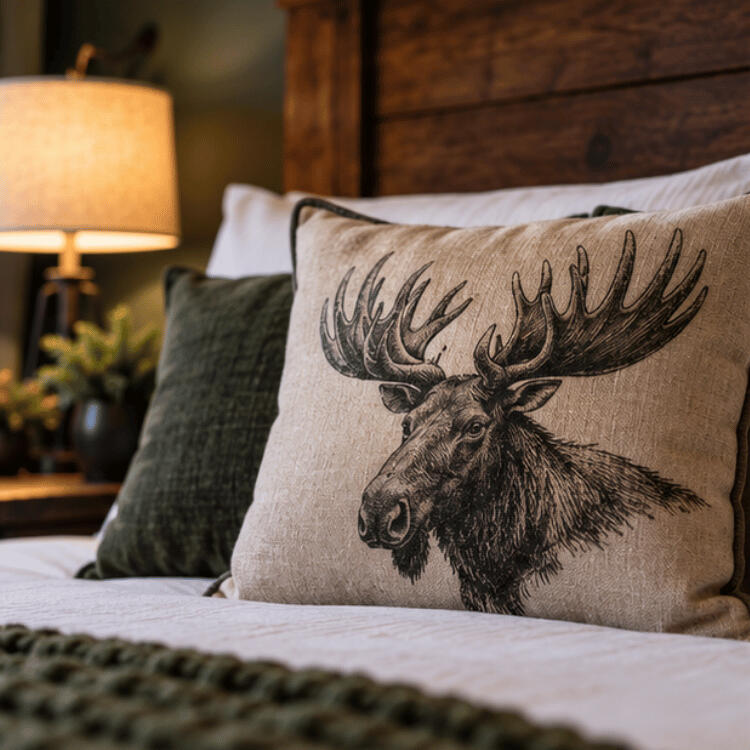 Moose accent pillow and premium white bedding at The Cozy Moose furnished stay Moose accent pillow and premium white bedding at The Cozy Moose furnished stay